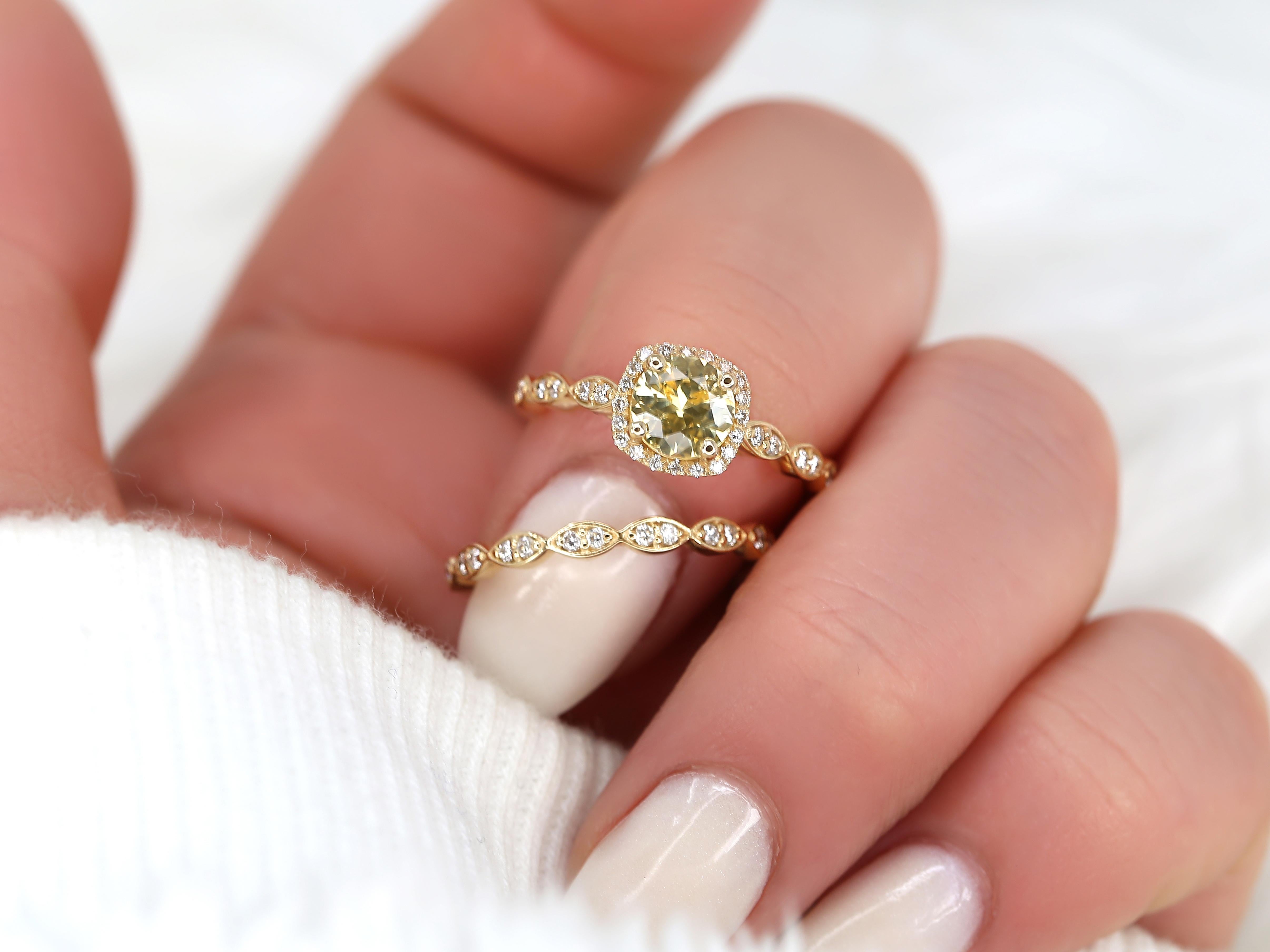 Art Deco 1.05ct Christie 14kt Gold Lemon Sapphire Diamonds Cushion Halo Bridal Set For Sale