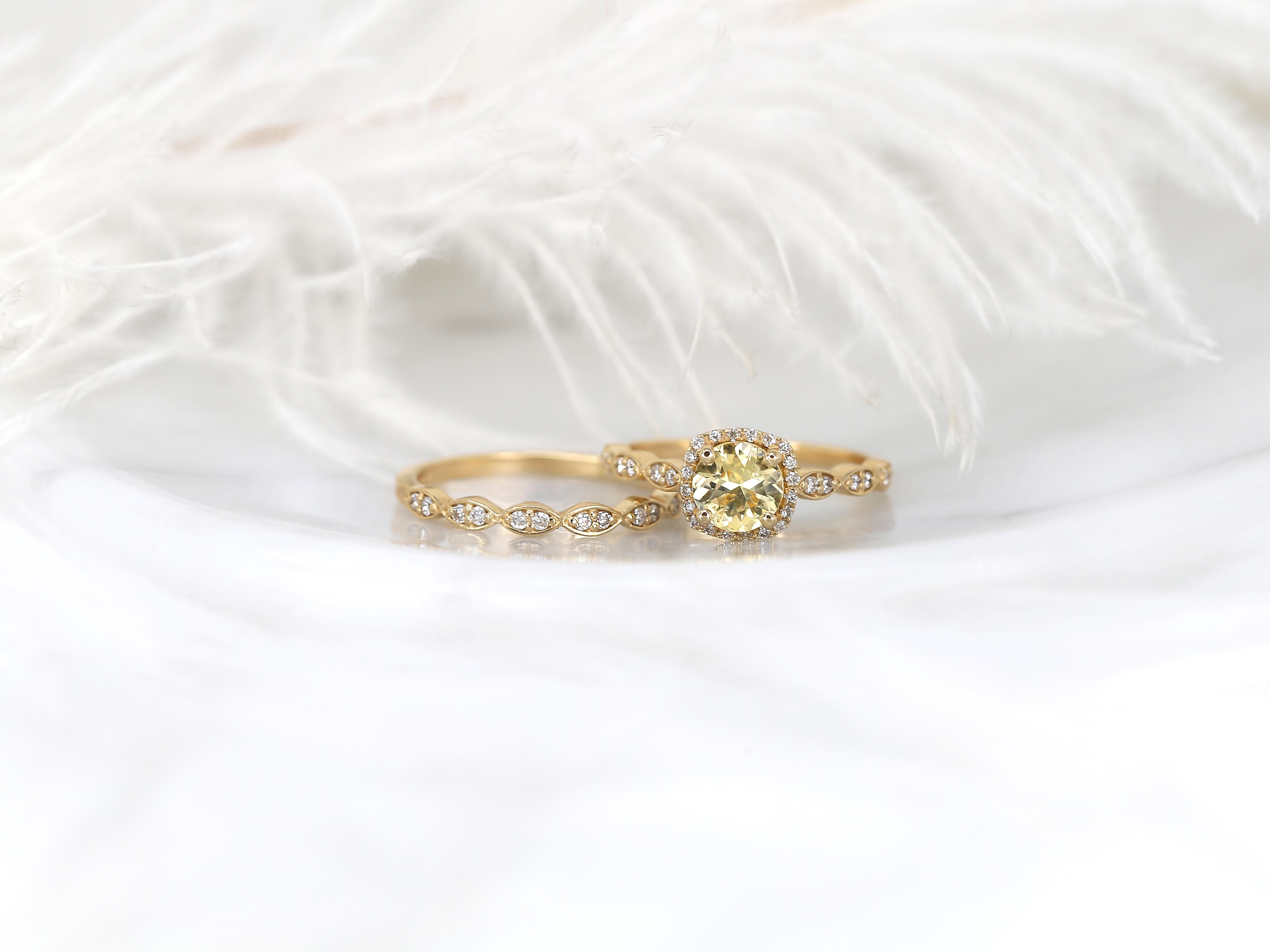 1.05ct Christie 14kt Gold Lemon Sapphire Diamonds Cushion Halo Bridal Set For Sale 2