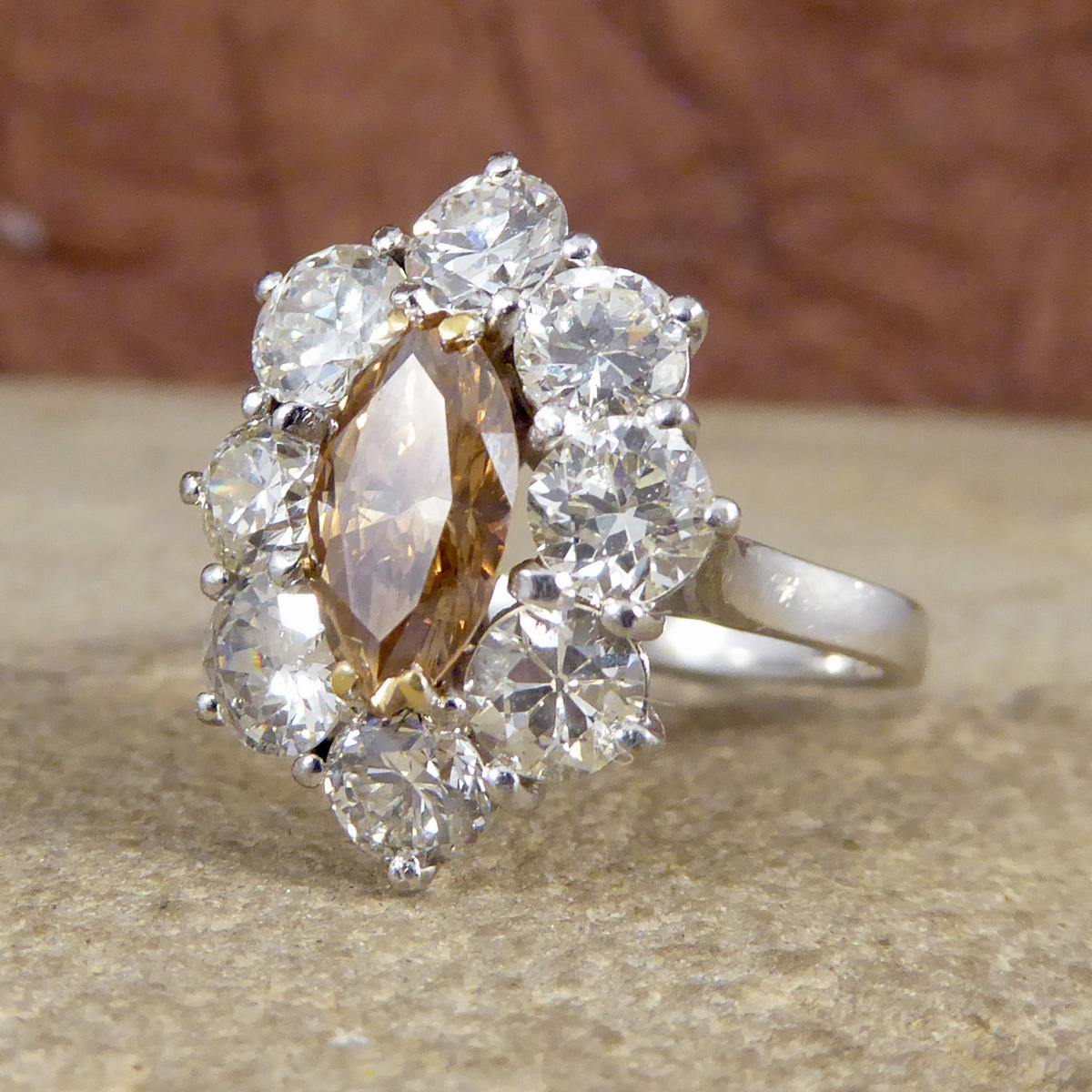 1.05 Carat Cognac Diamond Cluster Ring 2.97 Carat Total in 18 Carat White Gold In Good Condition In Yorkshire, West Yorkshire