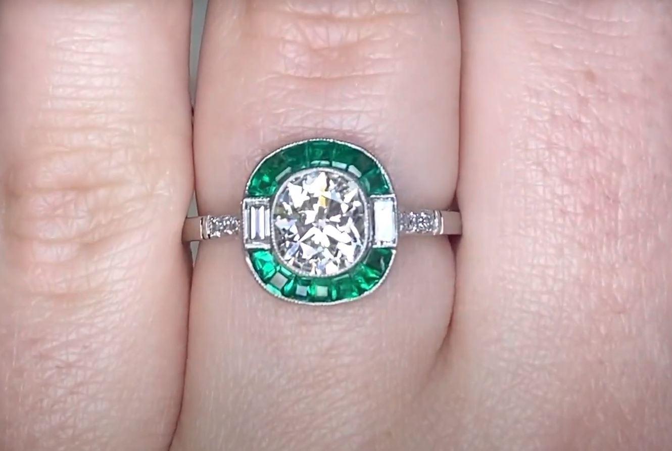 1.05ct Cushion Cut Diamond Engagement Ring, Emerald Halo, VS1 Clarity, Platinum In Excellent Condition In New York, NY