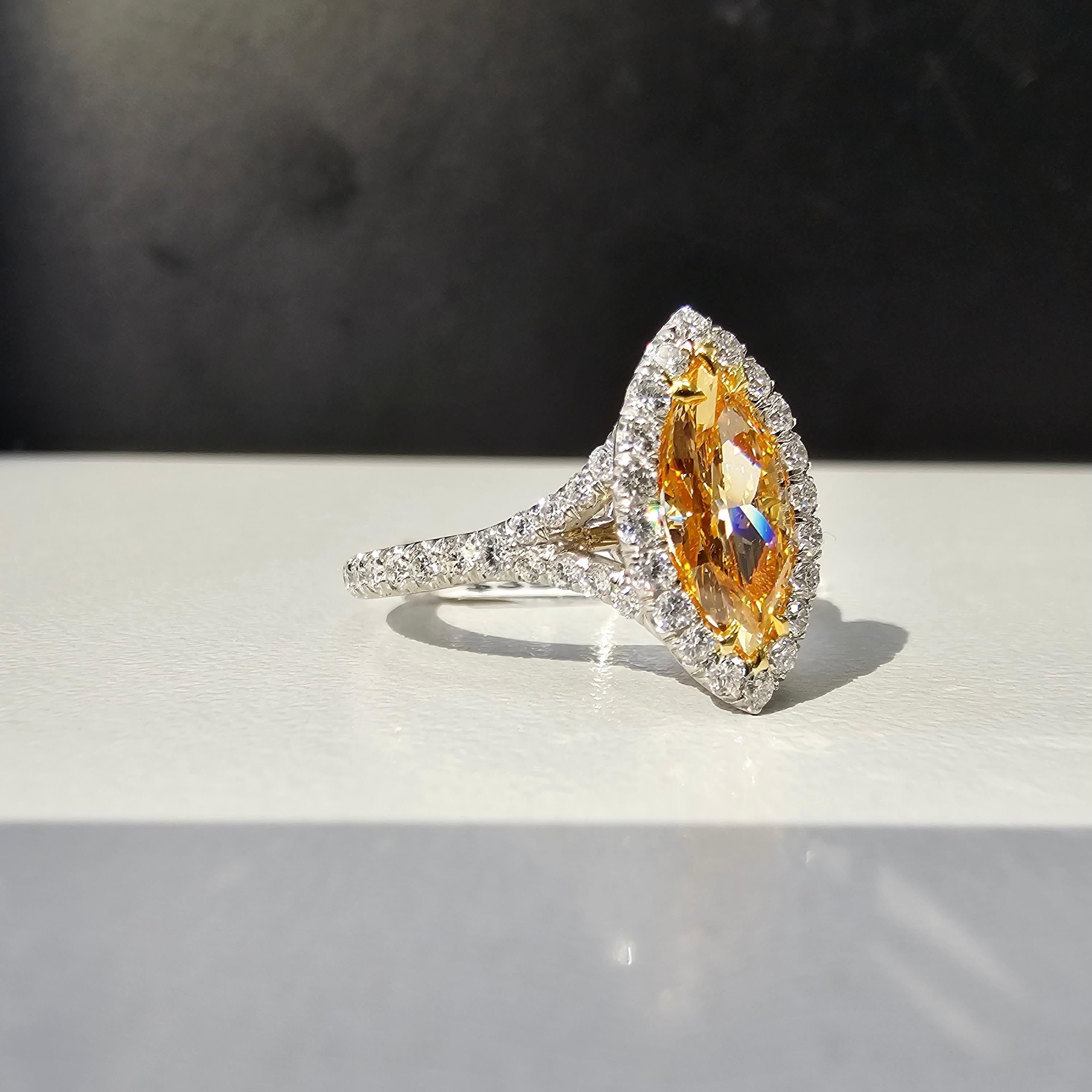 Marquise Cut 1 Carat GIA Fancy Intense Orange-Yellow Marquise Diamond Ring For Sale