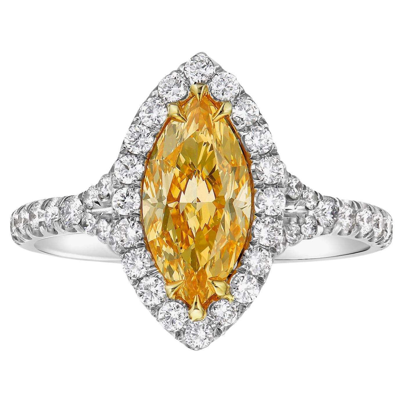 1 Carat GIA Fancy Intense Orange-Yellow Marquise Diamond Ring For Sale