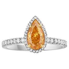 1.05CT Fancy Intense Yellow Orange Diamond Pear Ring GIA