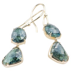 10.5ct Freeform Teal Blue Sapphire 14K Yellow Gold Dangle Earrings