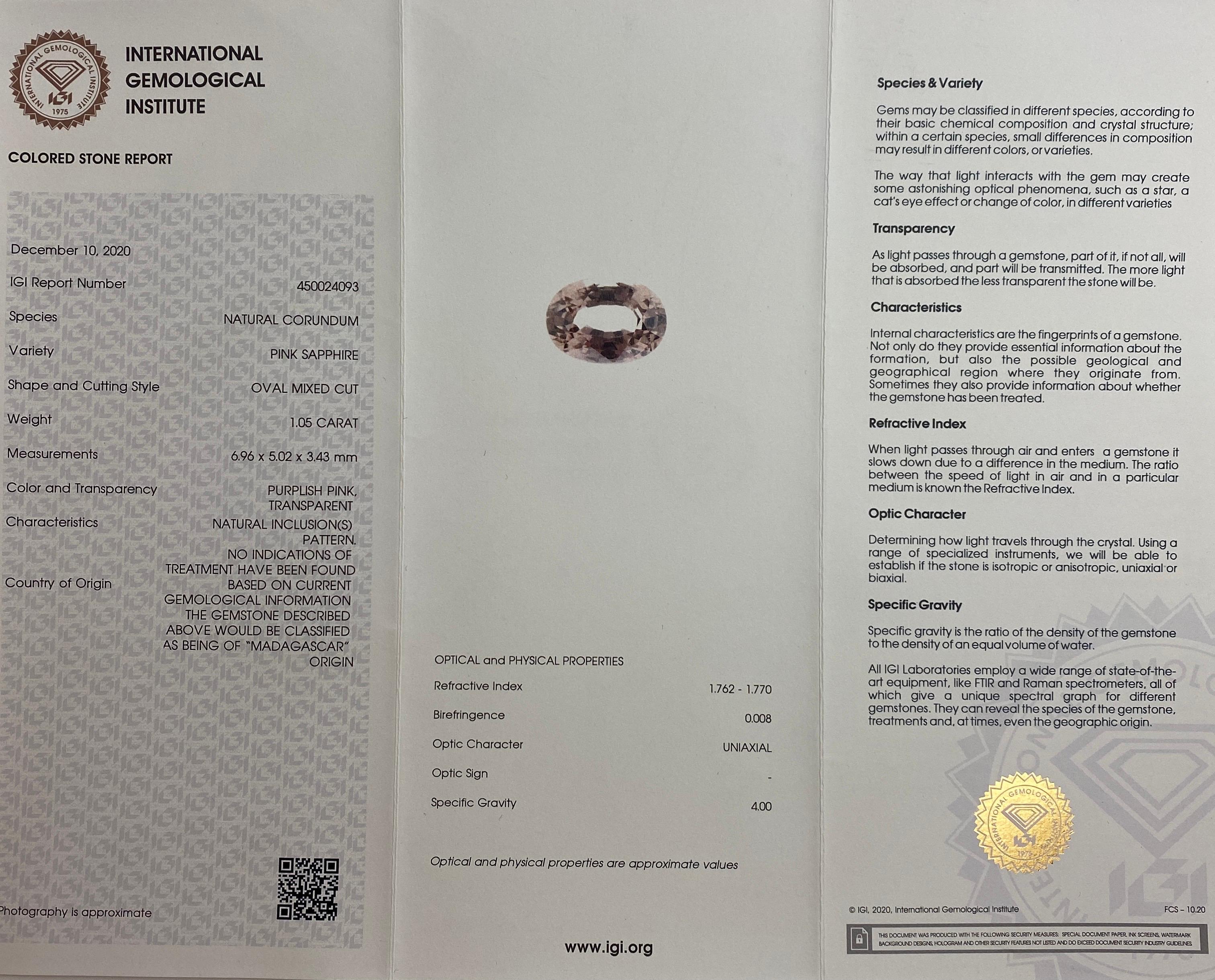 Taille ovale Pendentif ovale en or blanc 18 carats avec saphir rose naturel non traité certifié IGI de 1,05 carat en vente