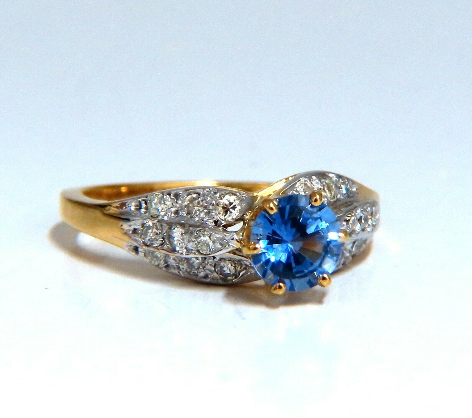 Raised solitaire Blue.

.75ct Natural Round cut sapphire ring.

Vivid Royal Blue

Clean Clarity & Transparent.

5.6mm

.30ct Natural Side round diamonds.

H-color Vs-2 clarity.

14kt. yellow gold

3.7 grams

Ring Current size: 5.5

depth of ring: