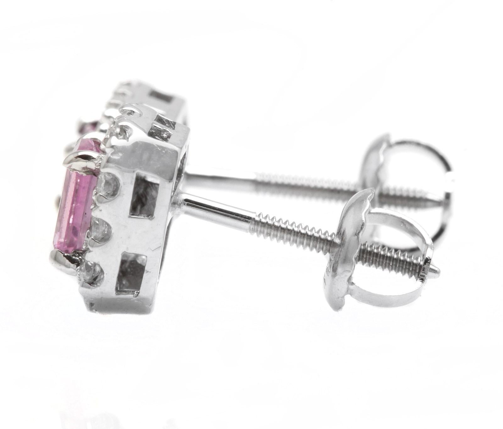 Mixed Cut 1.05Ct Natural Pink Sapphire and Diamond 14K Solid White Gold Stud Earrings For Sale