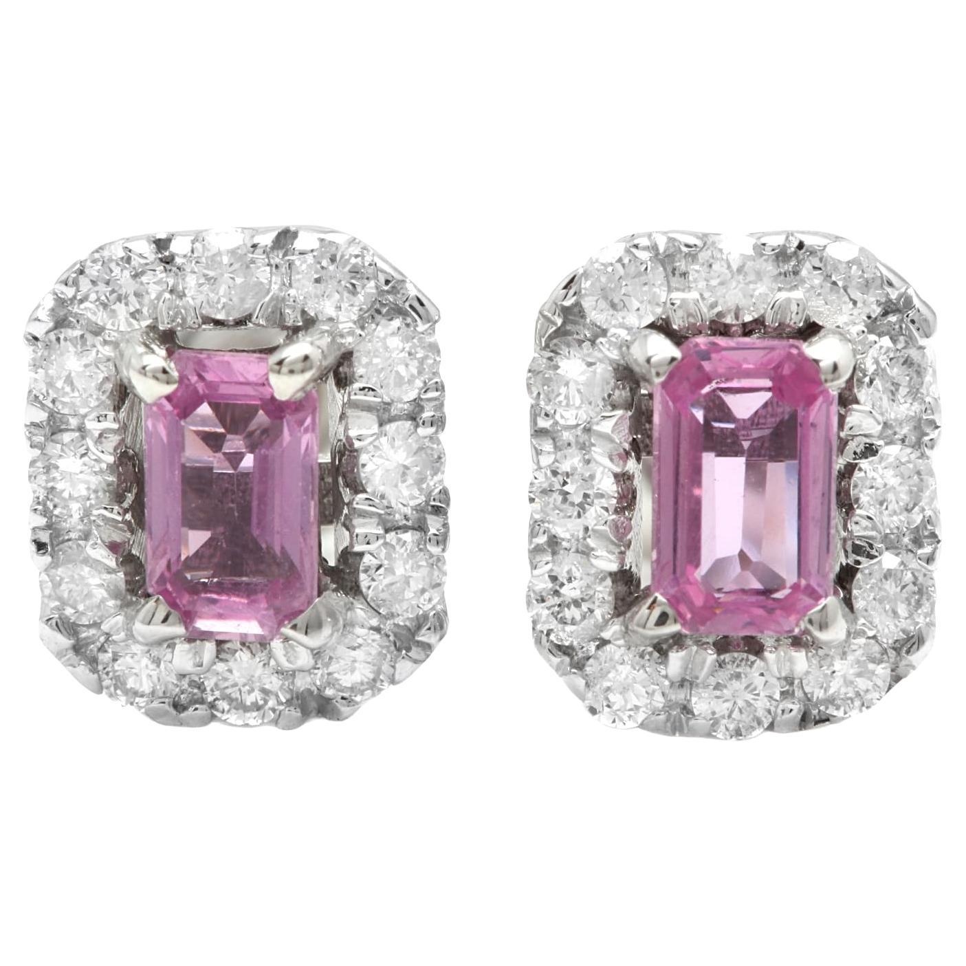1.05Ct Natural Pink Sapphire and Diamond 14K Solid White Gold Stud Earrings For Sale