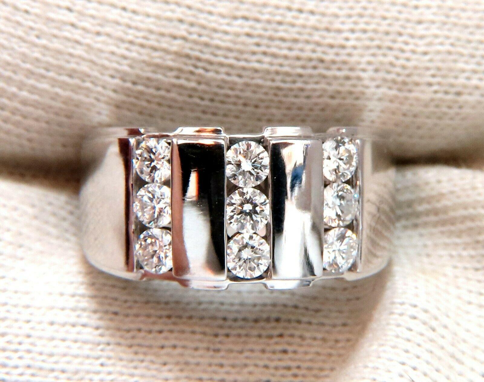 Men's Round cut diamonds Channel (9) band.

1.05ct. natural round cuts, Channel set diamonds.

Vs-2 clarity.

F-G-color

14Kt. White Gold

10.6 grams.

Ring is 10.4mm wide 

current ring size: 7

We may resize, please inquire

Ring is durable,