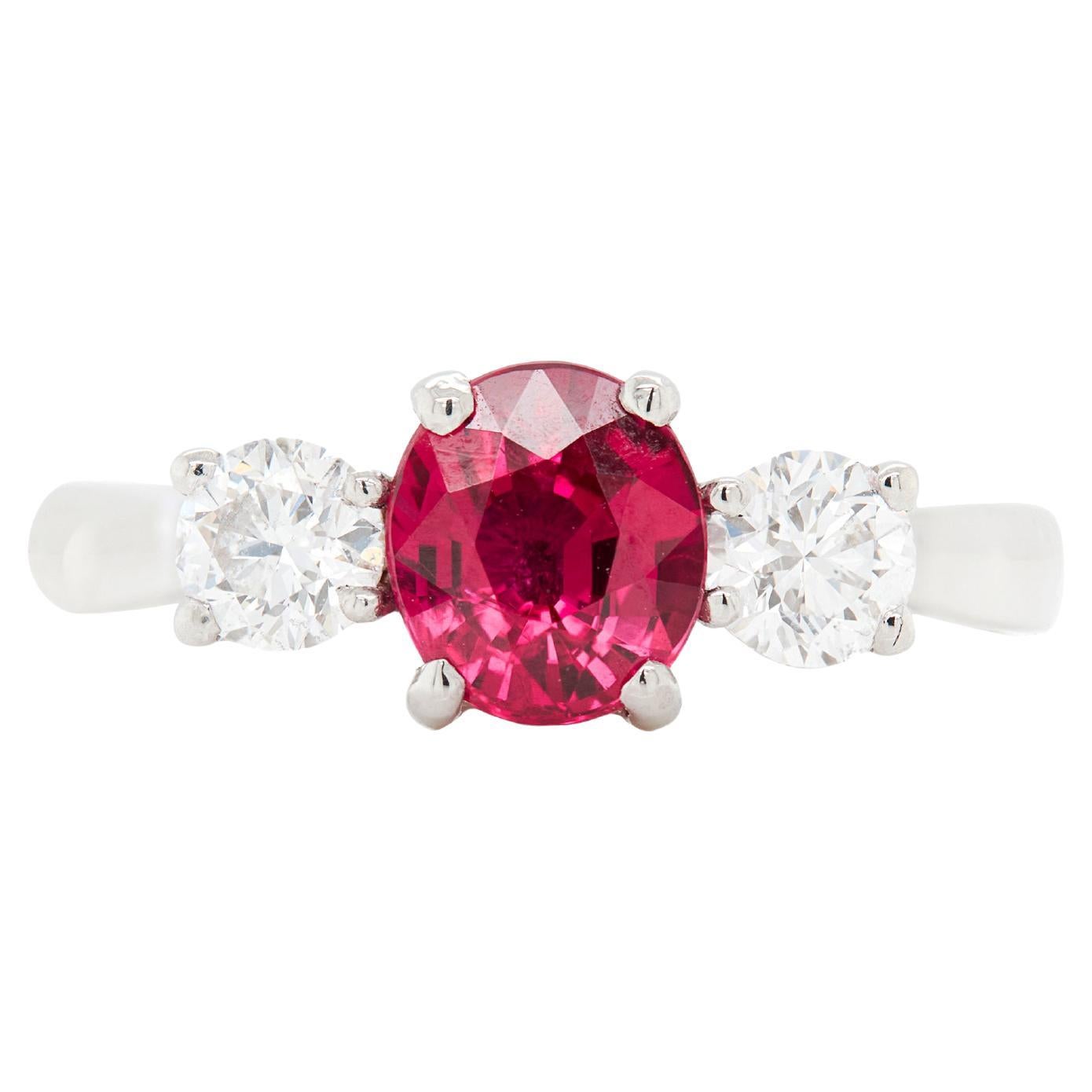 1.05ct Natural Unheated Oval Ruby & Diamond Platinum Three-Stone Engagement Ring