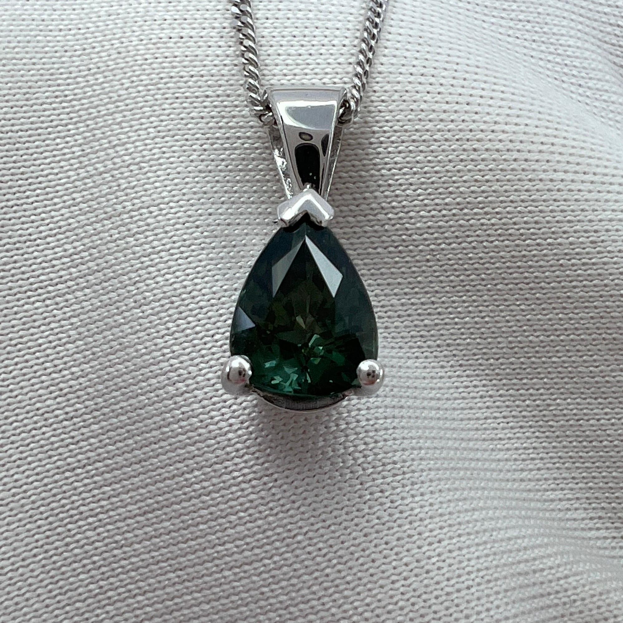 1.05ct No Heat Vivid Green Blue Australian Sapphire Pear 18k White Gold Pendant 7