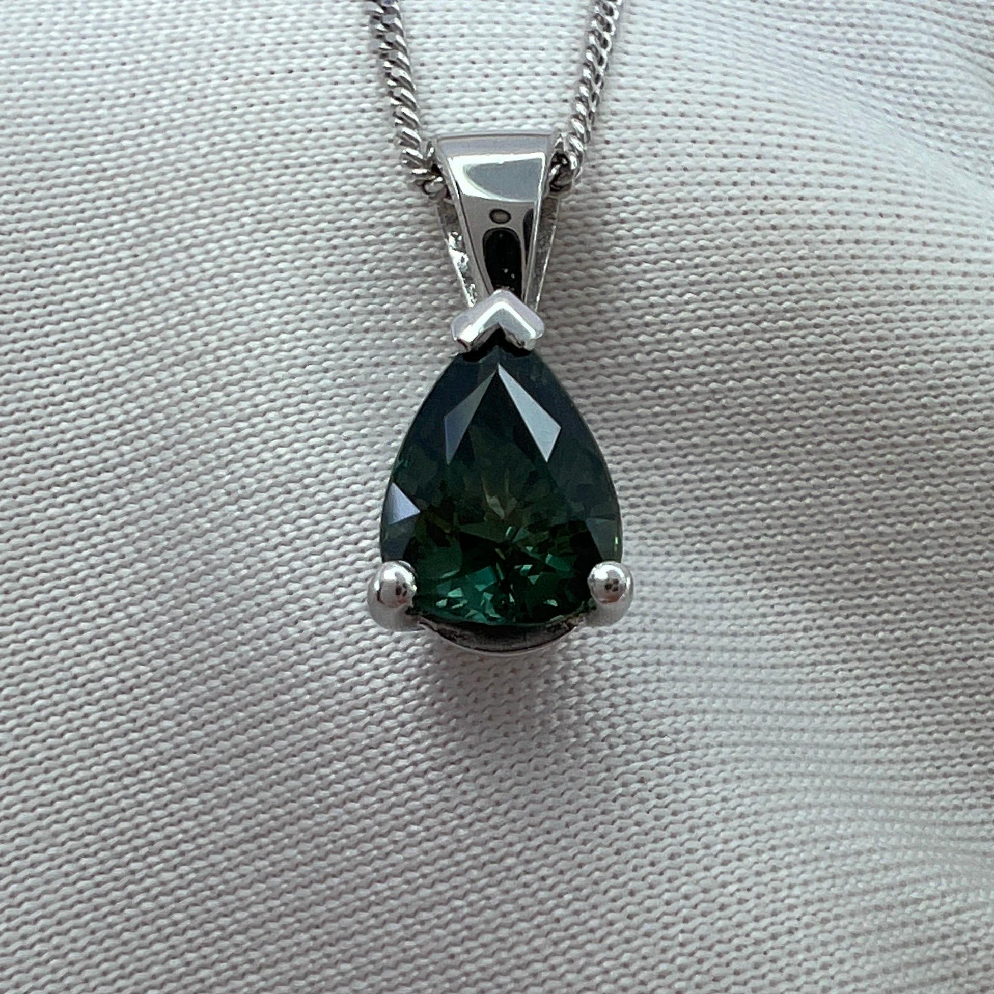 Fine Vivid Green Blue Untreated Australian Sapphire 18k White Gold Pendant Necklace.

Stunning 1.05 carat sapphire with a vivid green blue colour and very good clarity, very clean stone. Set in a beautiful 18k white gold solitaire pendant