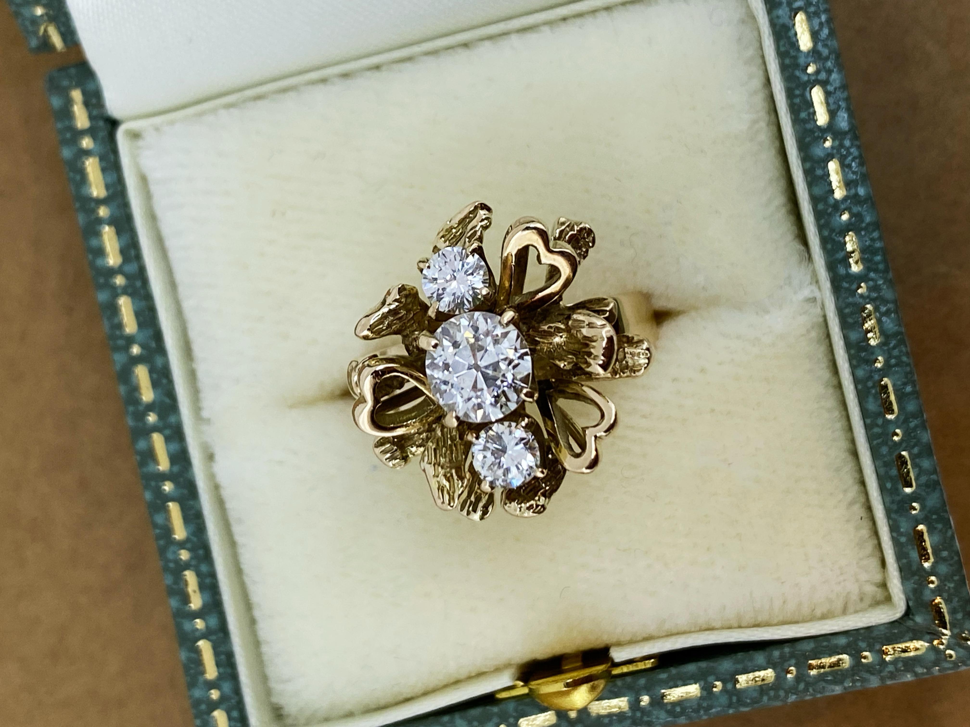 Old European Cut 1.05ct Old-European Cut Three-Stone Diamond Retro Flower Ring in 14K Rose Gold For Sale