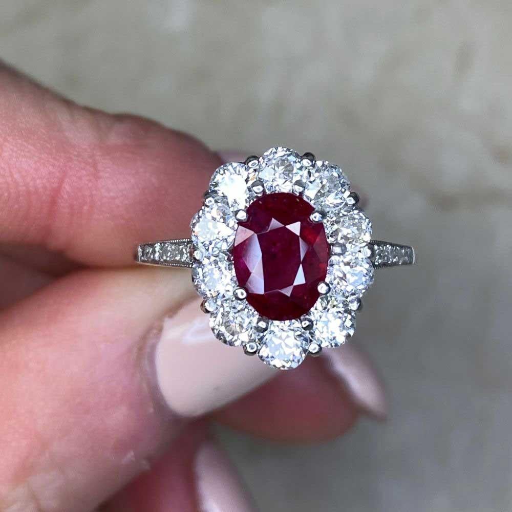 1.05ct Oval Cut Natural Ruby Engagement Ring, Diamond Halo, Platinum For Sale 5