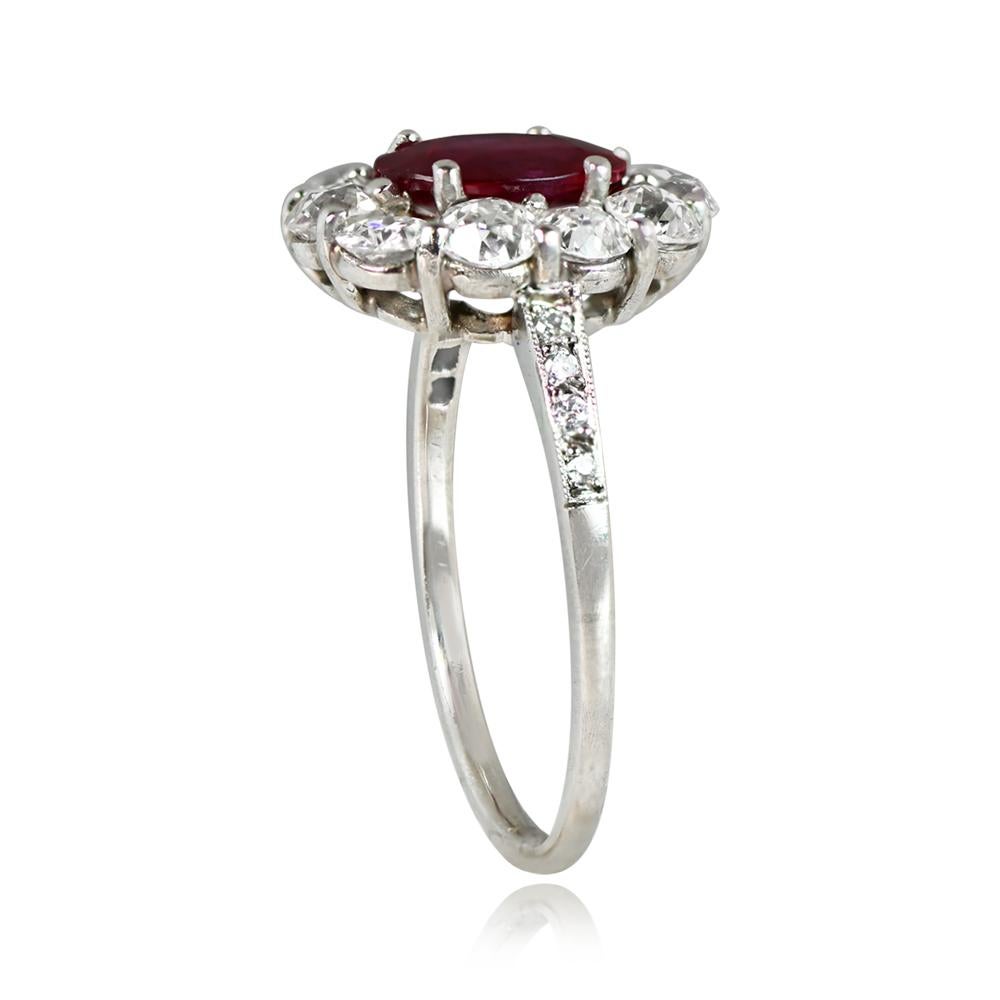 Edwardian 1.05ct Oval Cut Natural Ruby Engagement Ring, Diamond Halo, Platinum For Sale