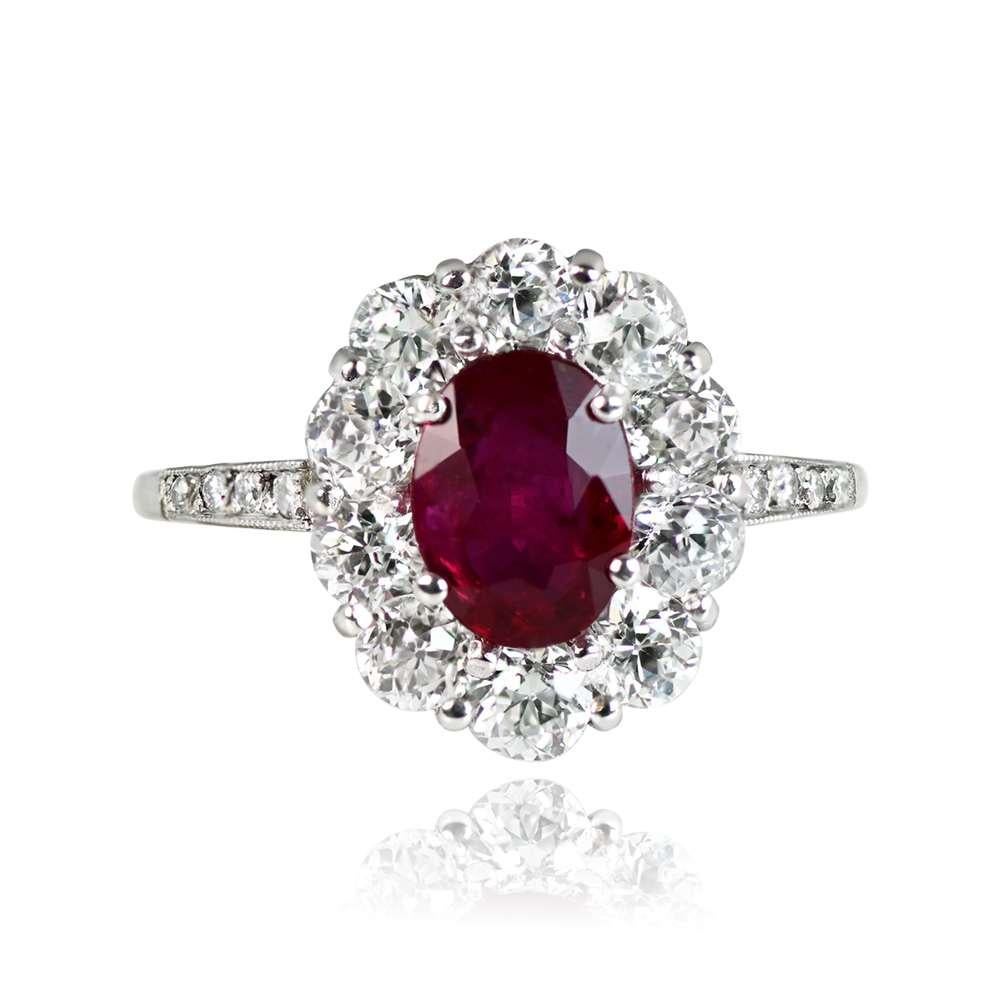 1.05ct Oval Cut Natural Ruby Engagement Ring, Diamond Halo, Platinum In Excellent Condition For Sale In New York, NY