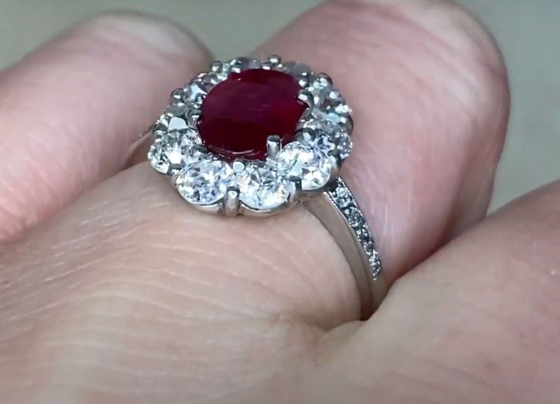 1.05ct Oval Cut Natural Ruby Engagement Ring, Diamond Halo, Platinum For Sale 1