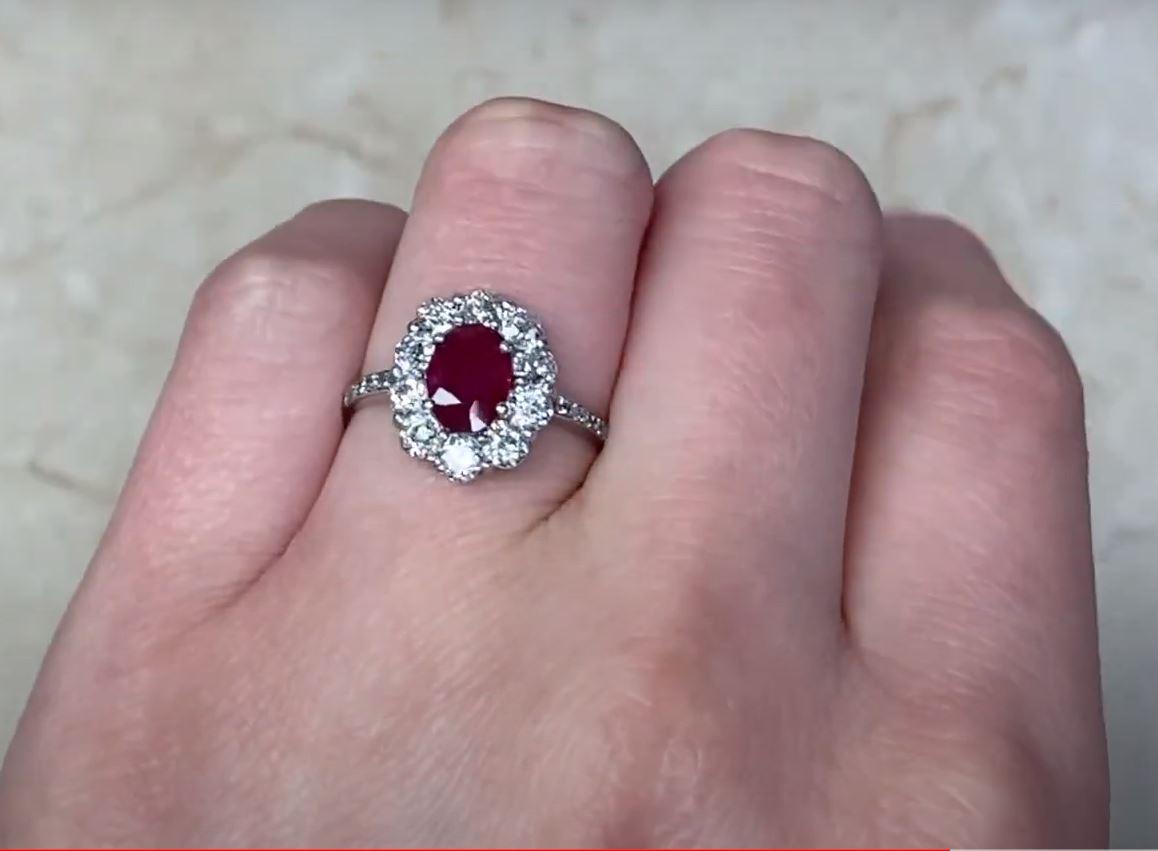 1.05ct Oval Cut Natural Ruby Engagement Ring, Diamond Halo, Platinum For Sale 3