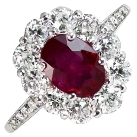 1.05ct Oval Cut Natural Ruby Engagement Ring, Diamond Halo, Platinum For Sale