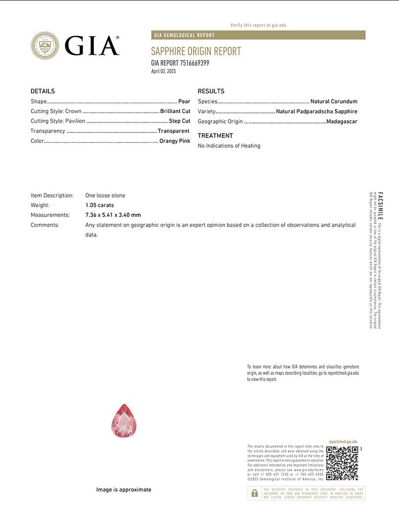 Women's or Men's GIA certified 1.05Ct UNHEATED Padparadscha Sapphire