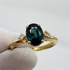 1.05ct Teal Green Blue Oval Cut Sapphire & Diamond Three Stone 18k Gold Ring