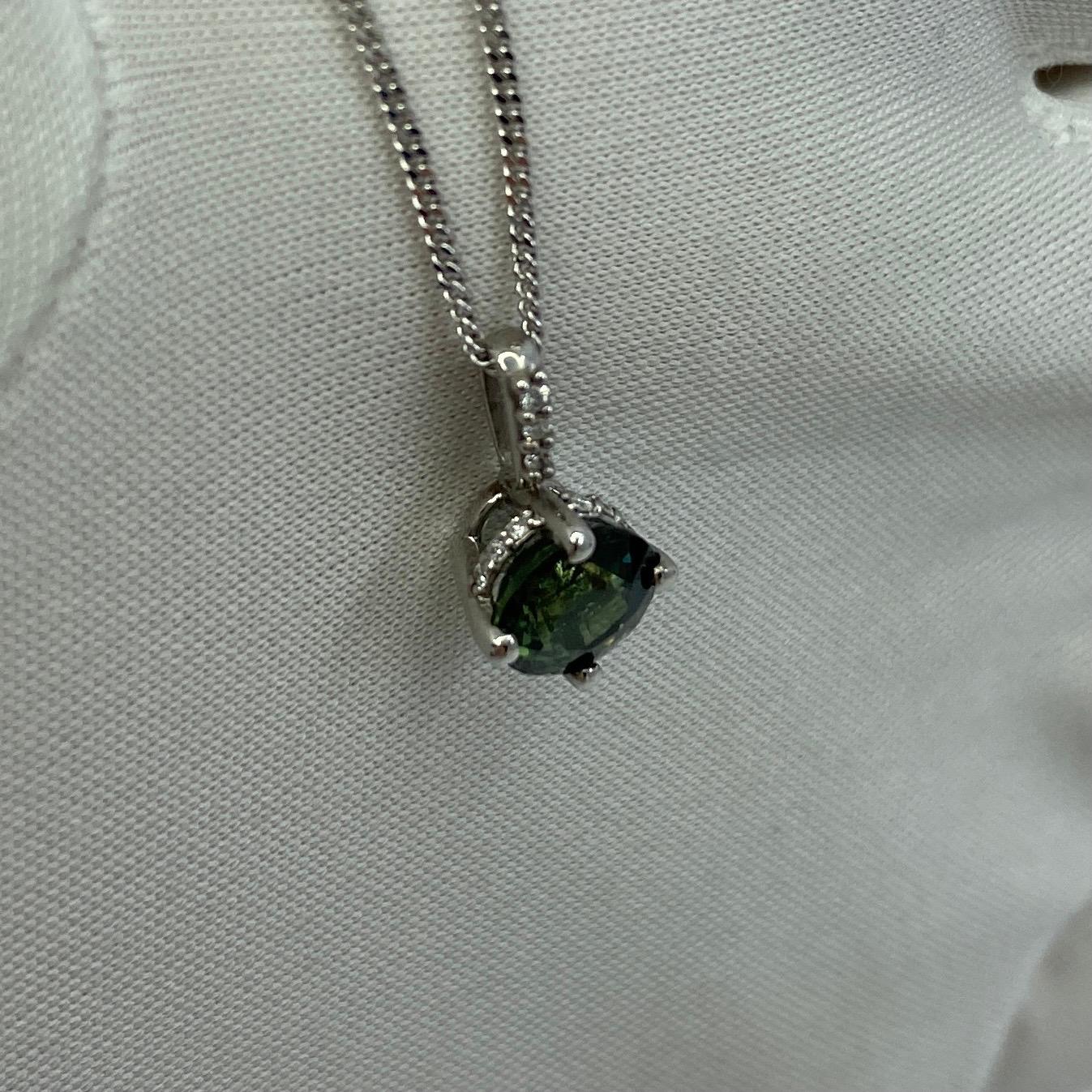 1.05ct Untreated Green Blue Sapphire 18k White Gold Diamond Surround Set Pendant For Sale 5