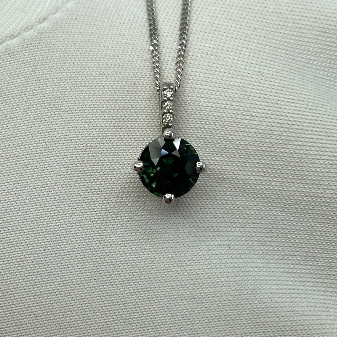 1.05ct Untreated Green Blue Sapphire 18k White Gold Diamond Surround Set Pendant For Sale 6