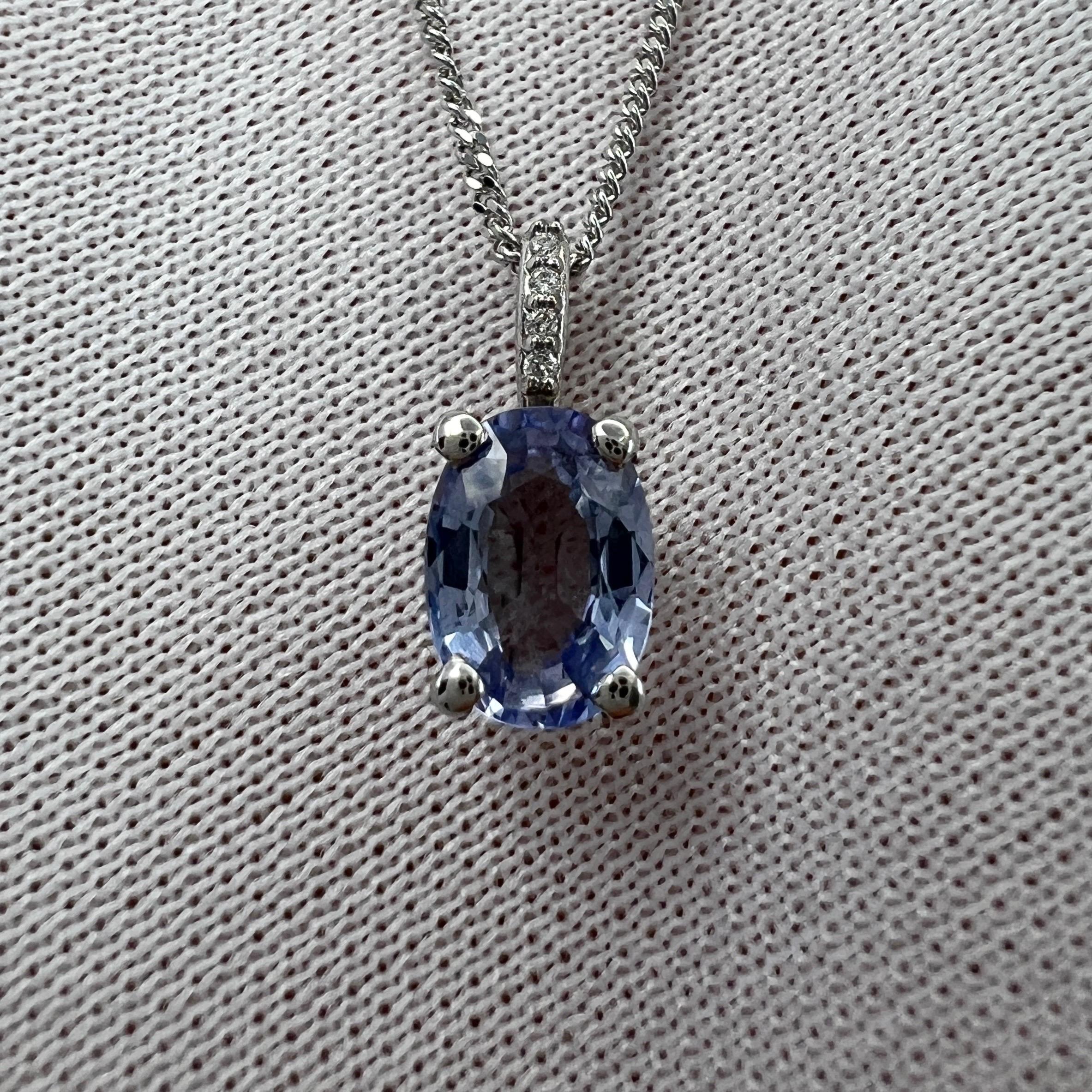 Oval Cut 1.05ct Vivid Blue Ceylon Sapphire Diamond 18k White Gold Hidden Halo Pendant For Sale