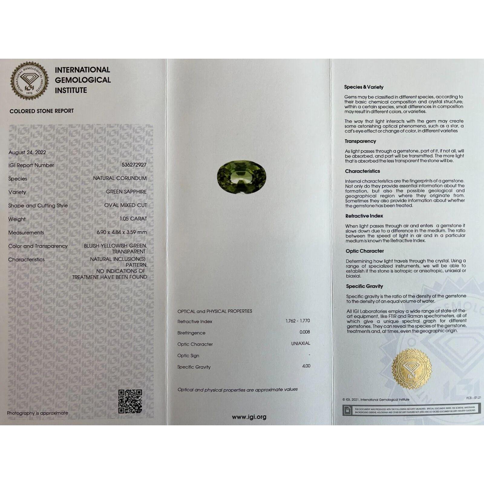 1,05 Karat Vivid Green Oval Cut Saphir Unbehandelt Seltener IGI zertifizierter Blister im Angebot 1