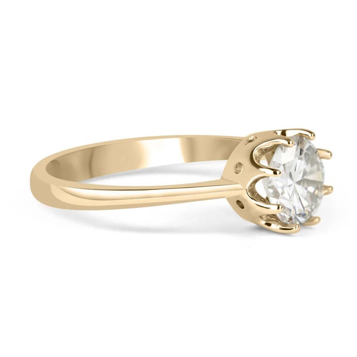 A simple, yet stunning, diamond solitaire ring. An exquisite 1.05-carat swiss cut diamond is set in a 14K yellow gold, 8-prong solitaire setting. The diamond sparkles from every angle.

Setting Style: Prong
Setting Material: 14K Yellow Gold
Setting