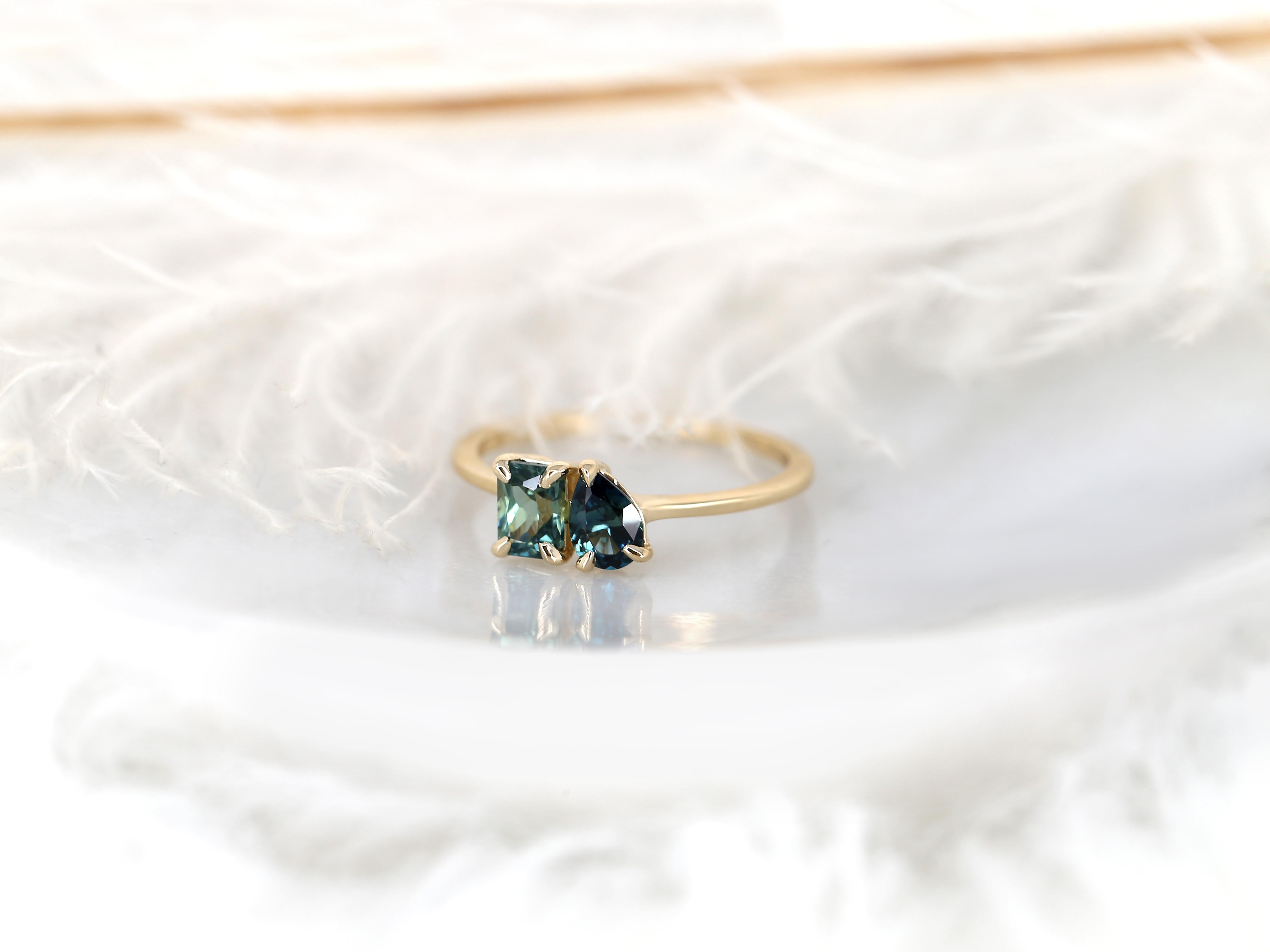 1.05cts Gemini 14kt Gold Ocean Teal Sapphire Toi Et Moi Ring For Sale 3