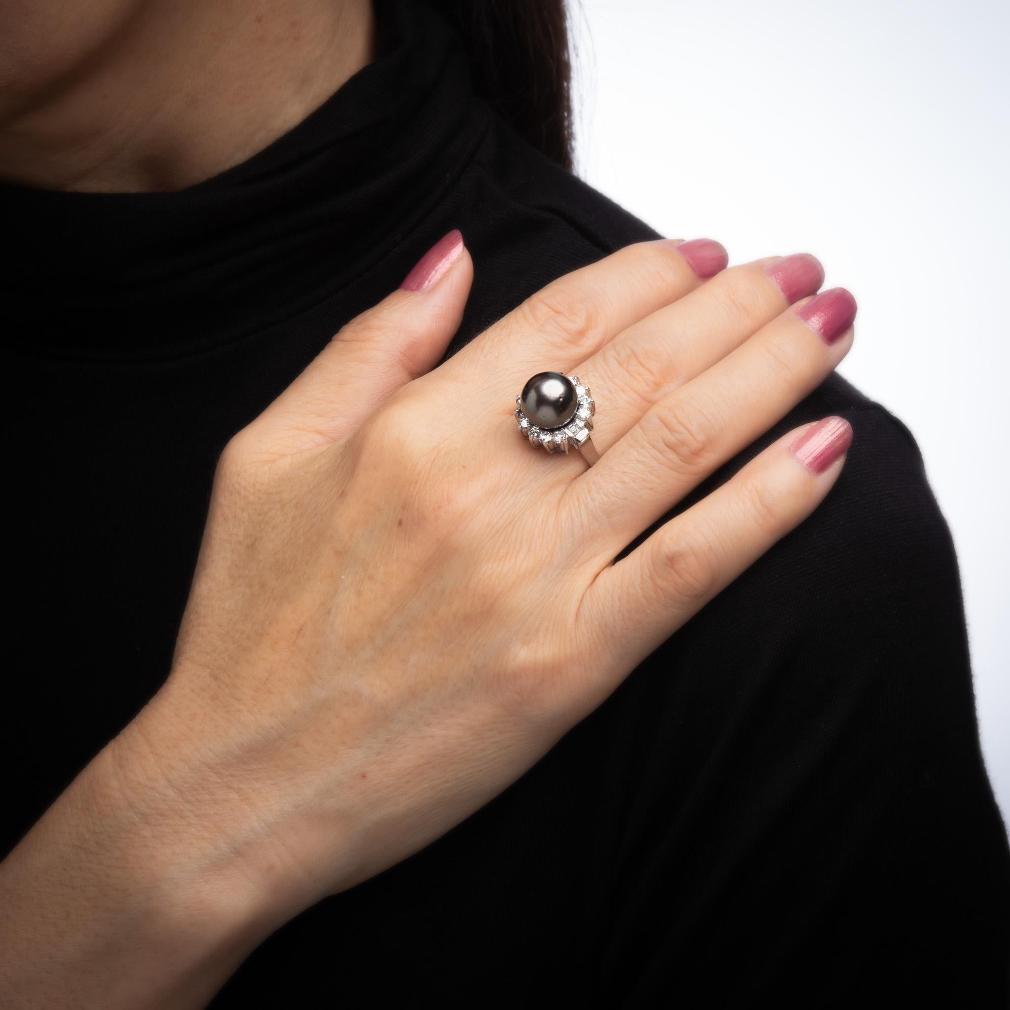 Women's Black Tahitian Pearl Diamond Ring South Sea Estate Platinum Jewelry