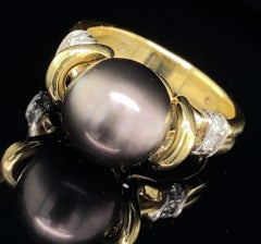 10.5mm Tahitian Pearl Ring in 18K Gold & Platinum with Diamond Accents