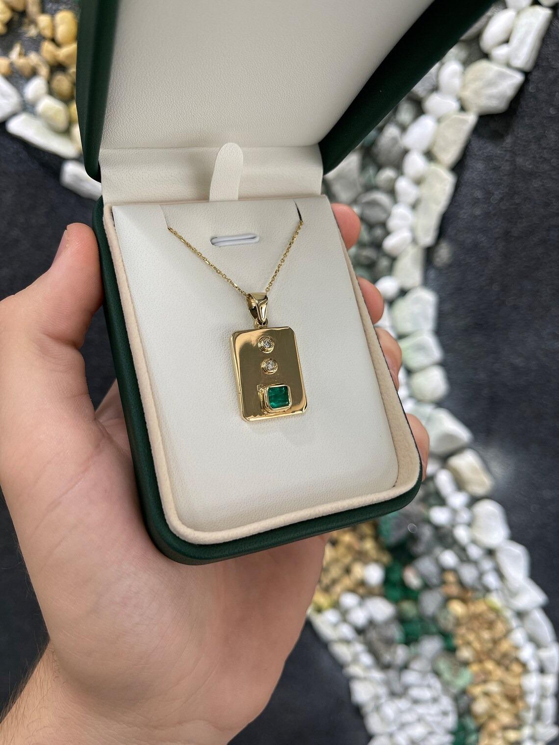 Modern 1.05tcw 14K Colombian Emerald-Asscher Cut & Double Diamond Bezel Gold Pendant For Sale