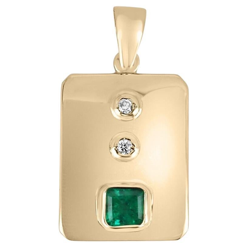 1.05tcw 14K Colombian Emerald-Asscher Cut & Double Diamond Bezel Gold Pendant For Sale