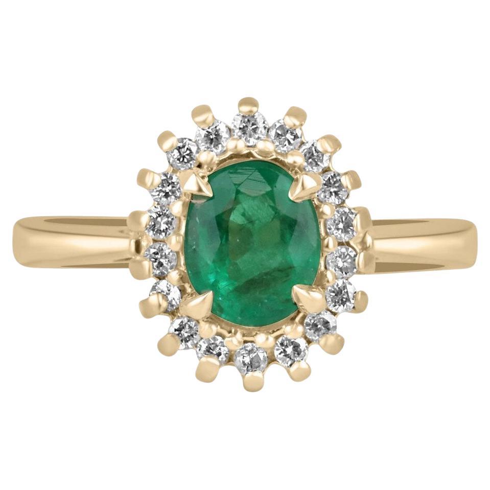 1.05tcw 14K Oval Emerald & Diamond Halo Vivid Green Engagement Ring