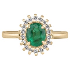 1.05tcw 14K Oval Emerald & Diamond Halo Vivid Green Engagement Ring