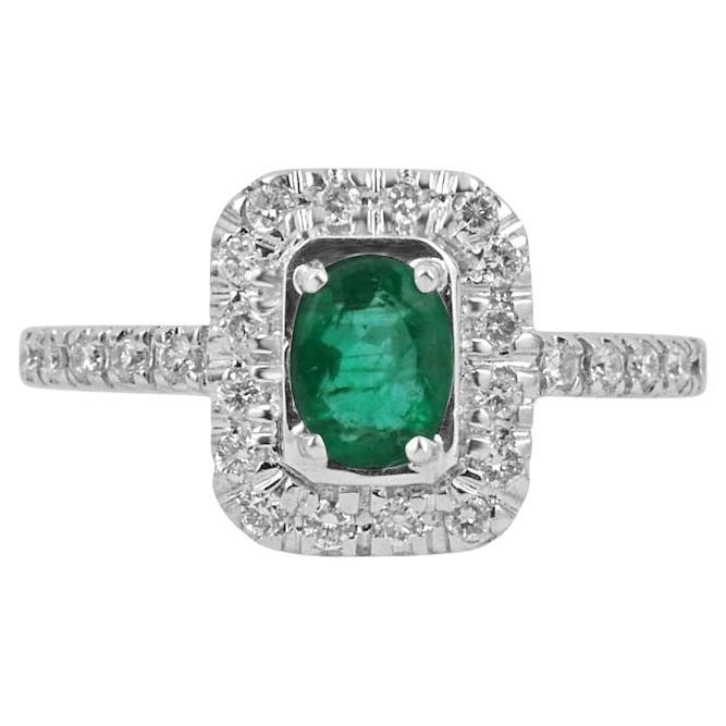 1.05tcw 18K Emerald Oval Cut & Diamond Halo and Shank Engagement Ring