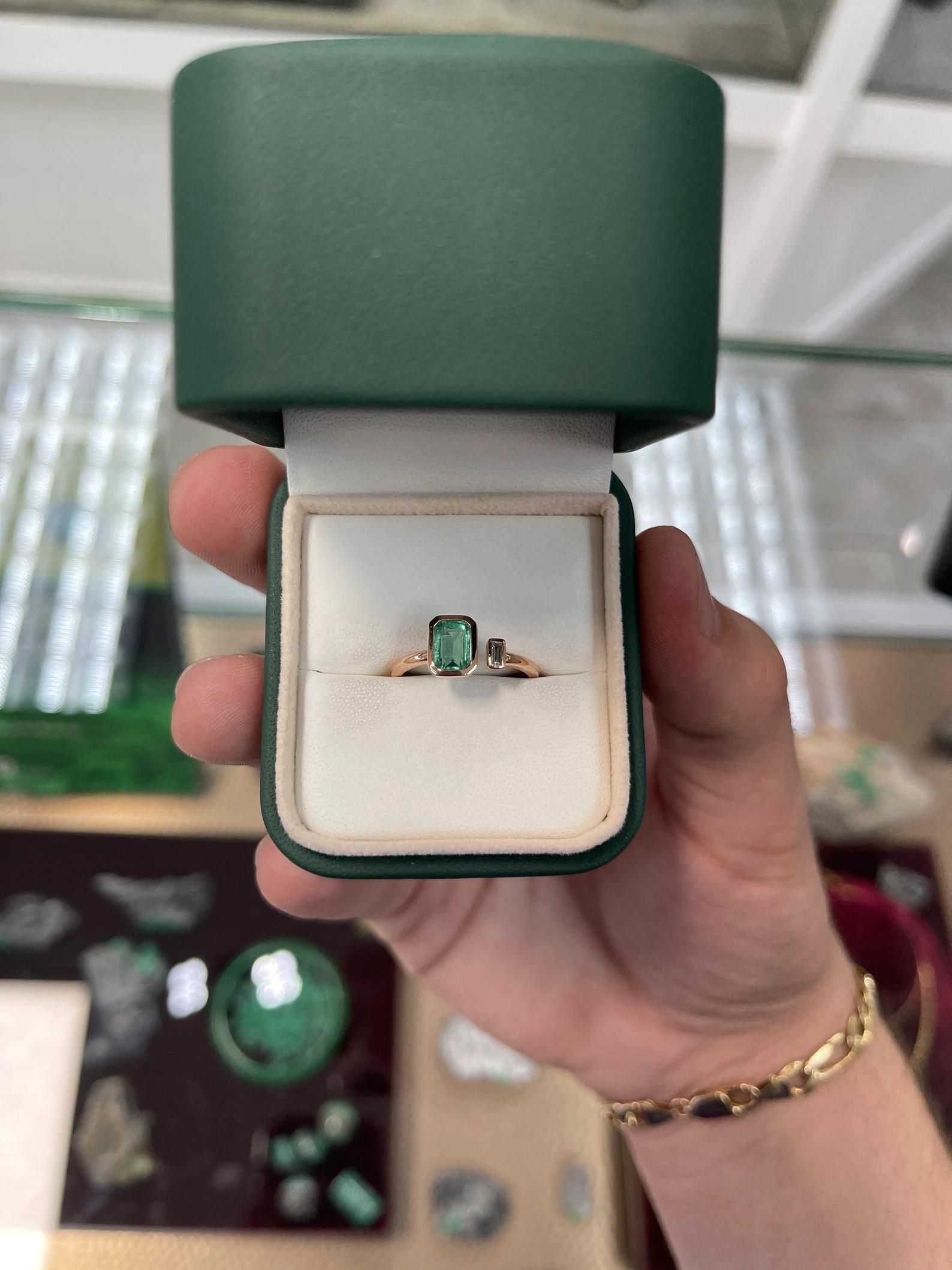 Emerald Cut 1.05tcw Natural Emerald & Diamond Toi Et Moi Cuff Ring Rose Gold 14K For Sale