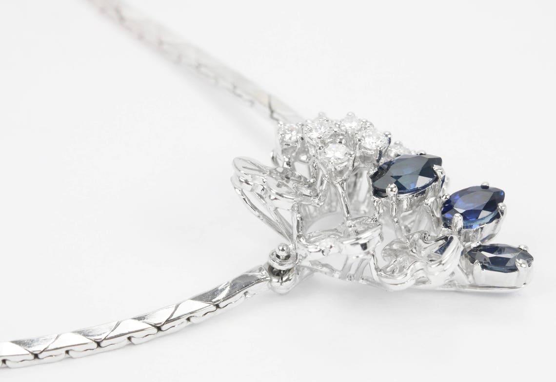 Emerald Cut 1.05tcw Vintage 18K White Gold Sapphire & Diamond Necklace 16