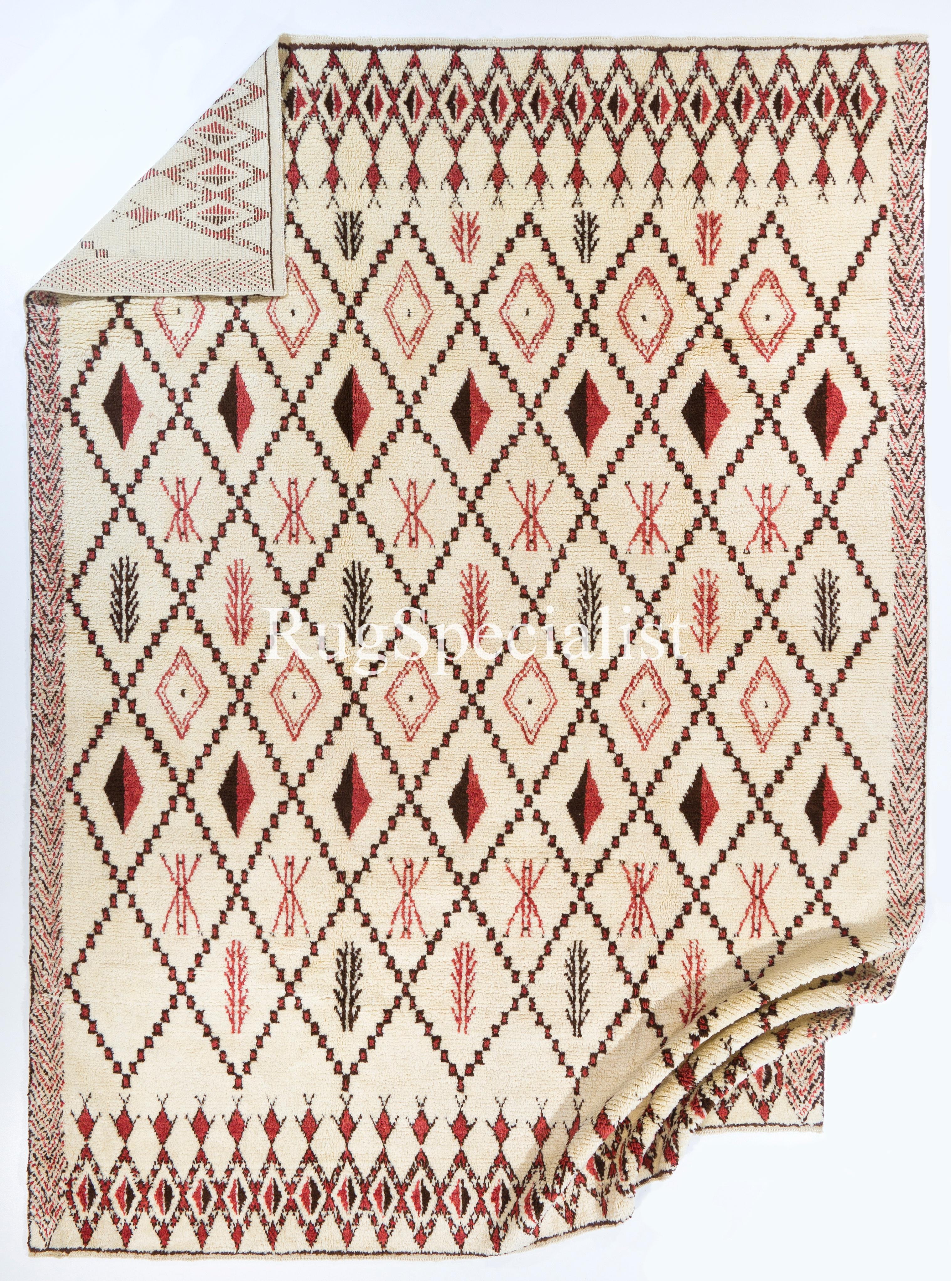 Hand-Knotted 10.5x14.4 Ft Modern Moroccan Tulu Wool Rug in Beige, Red & Brown. Made-to-order For Sale