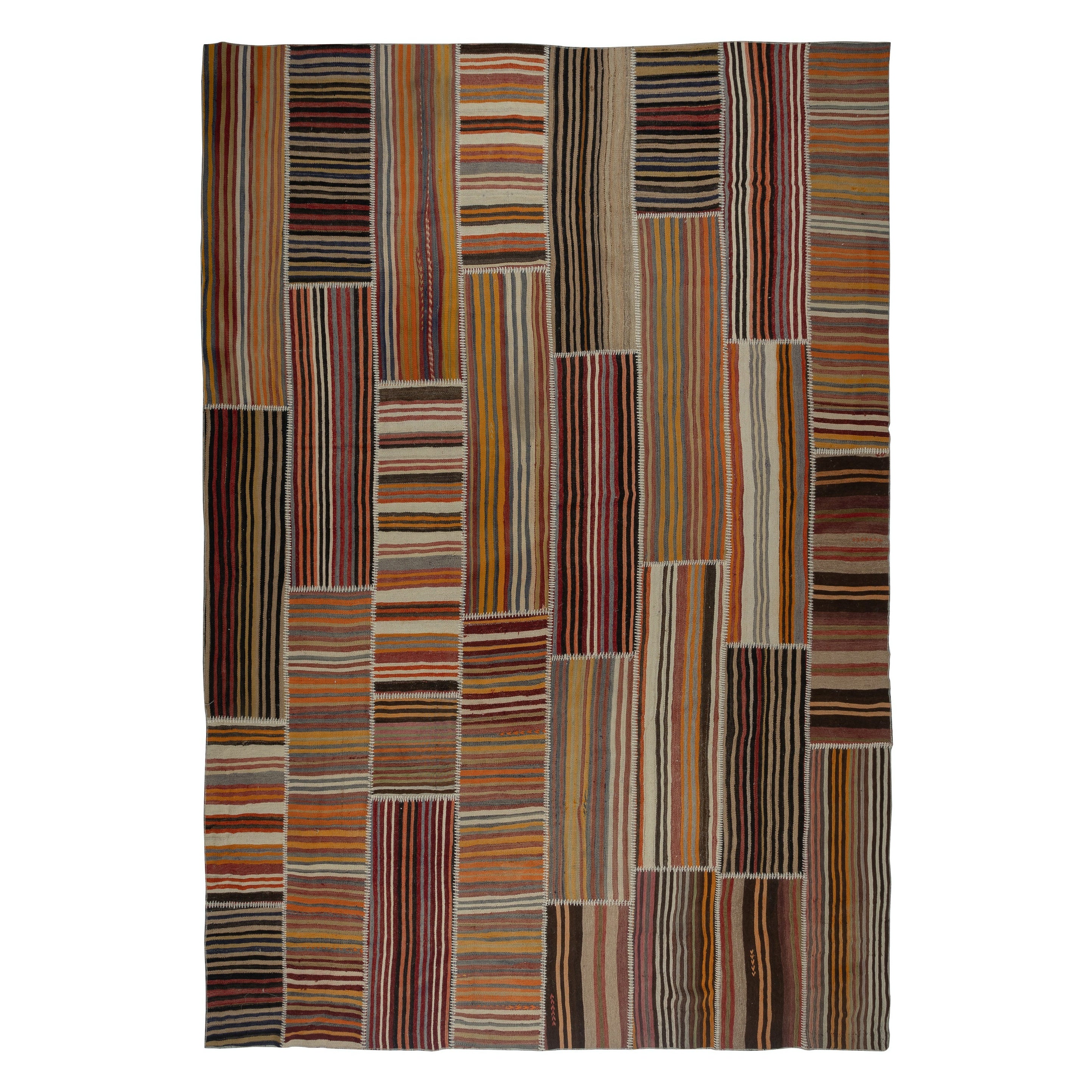 10.5x14.5 ft Handmade Vintage Turkish Kilim Patchwork Rug, Striped Wool Carpet