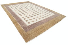 Tappeto beige, marrone e blu fatto a mano 10,5x14,6 piedi. Tappeto con design a griglia geometrica