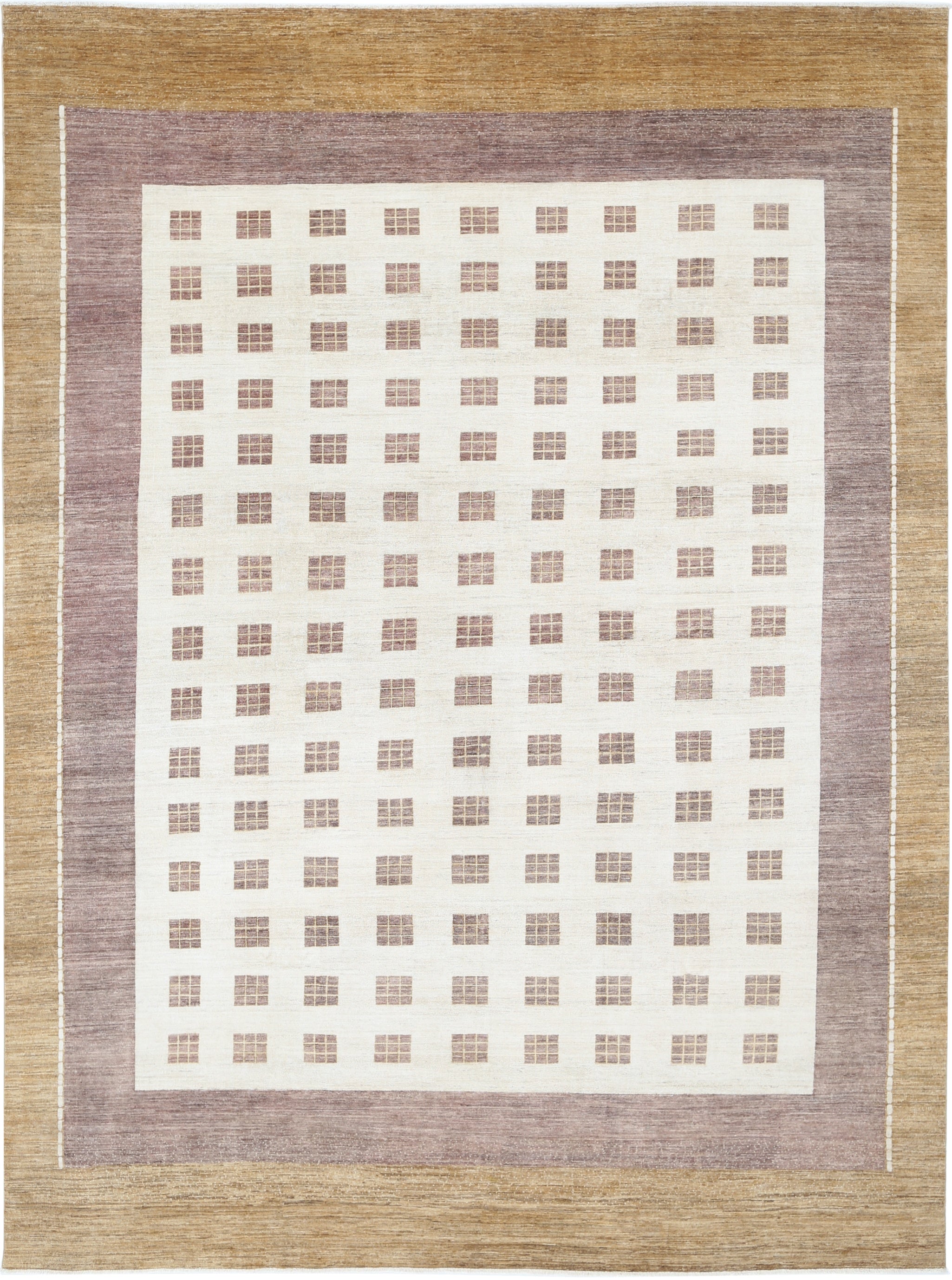 Tappeto beige, marrone e blu fatto a mano 10,5x14,6 piedi. Tappeto con design a griglia geometrica