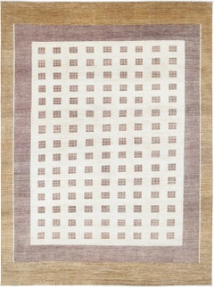 Tappeto beige, marrone e blu fatto a mano 10,5x14,6 piedi. Tappeto con design a griglia geometrica