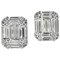 1.06 Carat Baguette and Round Diamond Stud Earrings in 18 Karat White Gold