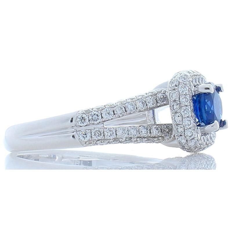 Round Cut AGL Certified 1.06 Carat Blue Sapphire & Diamond White Gold Ring