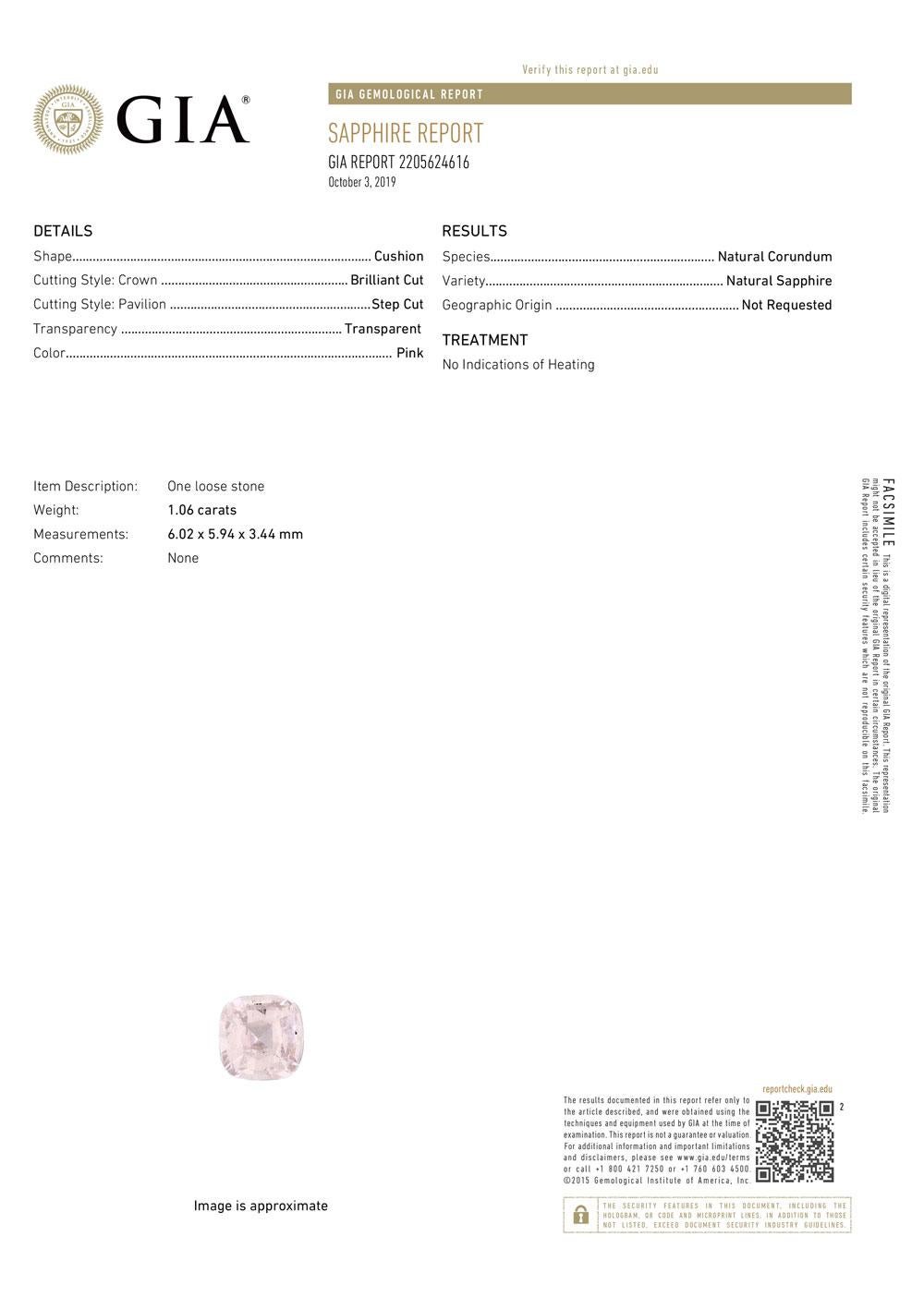 Saphir rose naturel en forme de coussin de 1,06 carat, certifié GIA, non chauffé Unisexe en vente