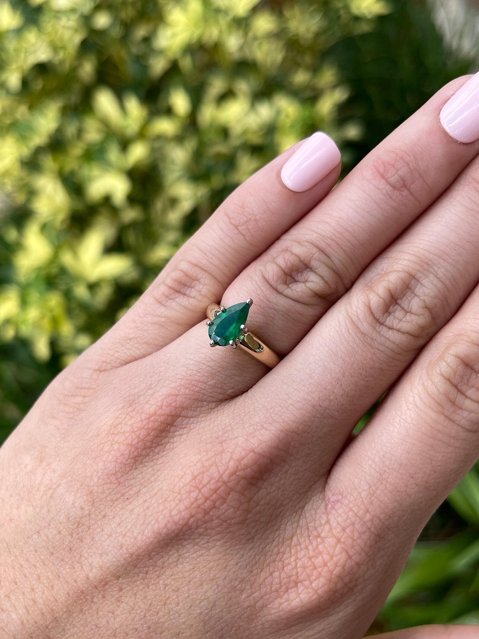 Women's 1.06 Carat Dark Green Emerald Six Prong Solitaire Two Toned Engagement Ring 14K For Sale