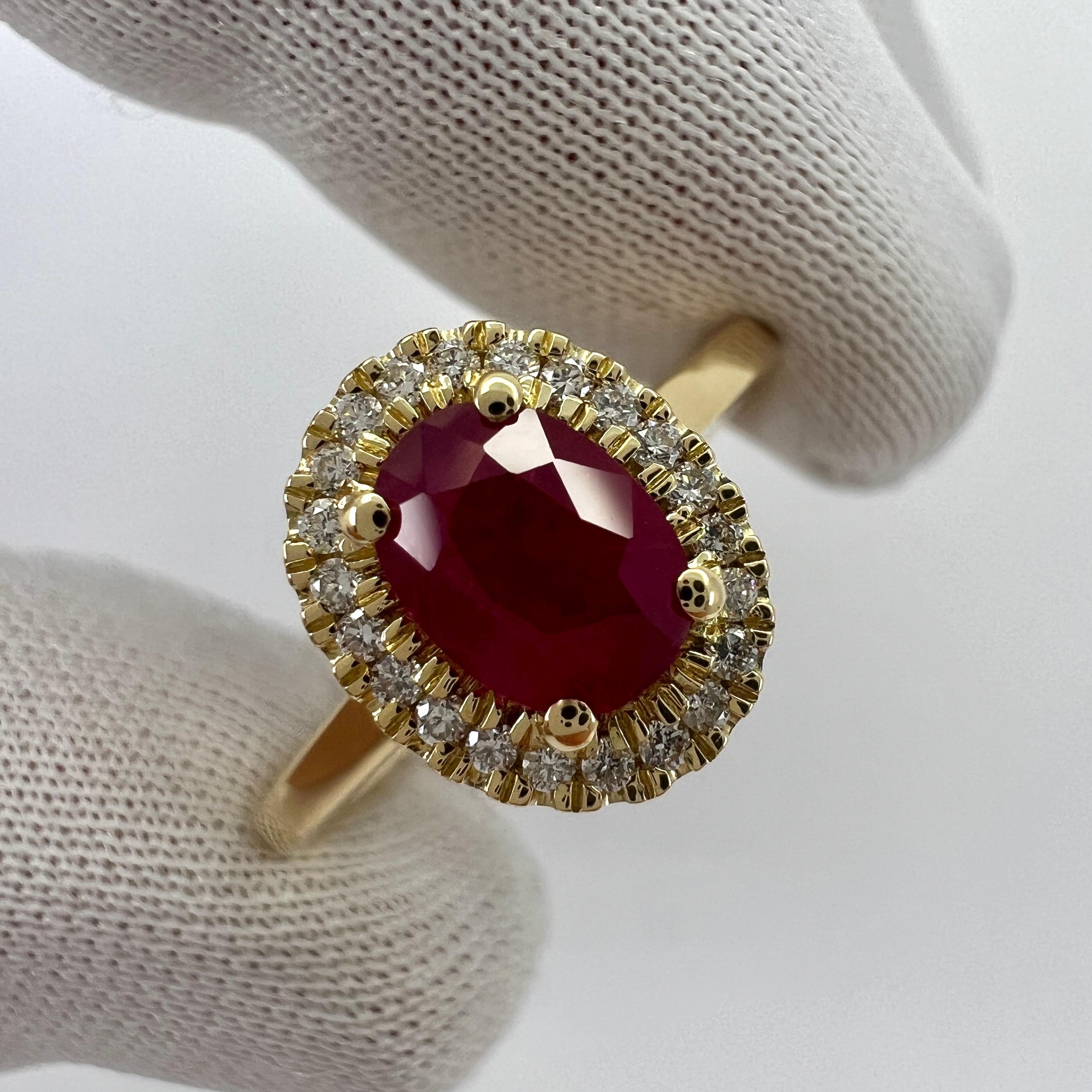 1.06 Carat Deep Red Ruby And Diamond Oval Cut 18k Yellow Gold Halo Cluster Ring For Sale 6
